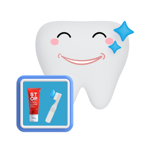 Joyful animated tooth character with blue sparkles, accompanied by a blue square icon showcasing 'STOP' dental product tube and an electric toothbrush, highlighting oral hygiene solutions.