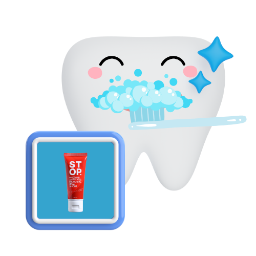 Delighted animated tooth character with blue sparkles, enjoying a foamy toothbrush cleaning. Adjacent is a blue square icon displaying the 'STOP' dental product tube, emphasizing effective oral care.