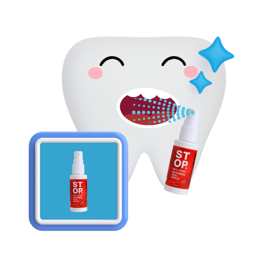 Animated smiling tooth character with blue sparkles, demonstrating the application of 'STOP' oral spray from a red bottle, resulting in a protective shield over its surface. A blue square icon showcases the product, emphasizing oral health care.