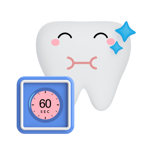 Animated tooth character with a displeased expression and a shining blue star, next to a blue frame highlighting a timer set to 60 seconds.