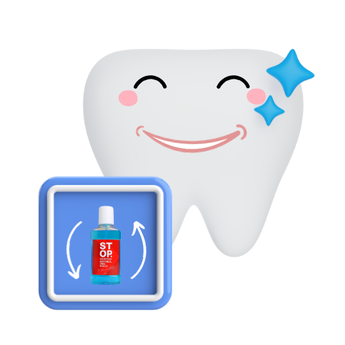 Cheerful animated tooth character with a blue star accent, next to a blue square frame showcasing a 'STOP' mouthwash bottle with circulating arrows around it.