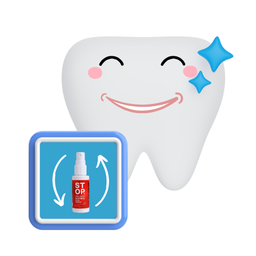 Cheerful animated tooth character with sparkling stars, showcasing a blue square icon featuring a 'STOP' oral spray bottle surrounded by arrows. The image emphasizes dental care and the benefits of the product.