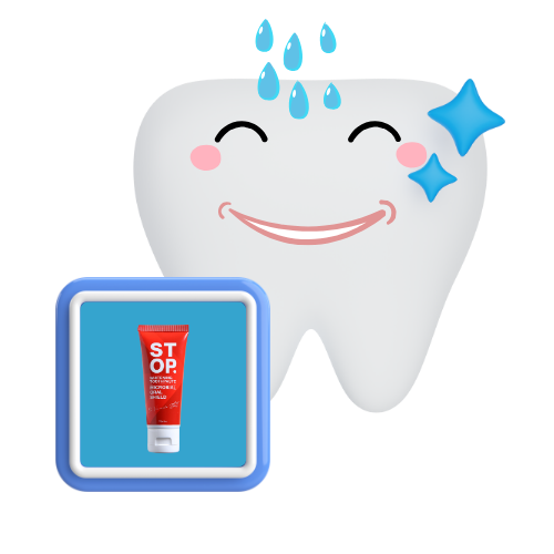 Joyful animated tooth character with refreshing blue droplets and a shimmering blue star, symbolizing rinsing and freshness. Beside it, a blue framed icon showcases the 'STOP' dental product tube for optimal oral hygiene.