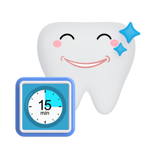 Animated cheerful tooth character with blue sparkles, next to a blue square icon displaying a 15-minute timer.