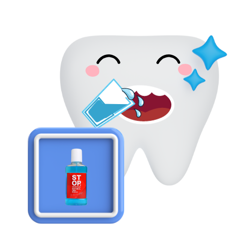 Animated tooth character with a radiant blue star, enthusiastically rinsing its mouth with a glass of mouthwash, emphasizing oral hygiene. Adjacent blue frame showcases the 'STOP' dental mouthwash bottle.