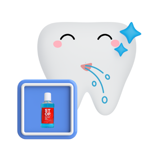 Animated tooth character with closed eyes, and a blue sparkling star, showing a splash, adjacent to a blue frame featuring a 'STOP' oral care product bottle.