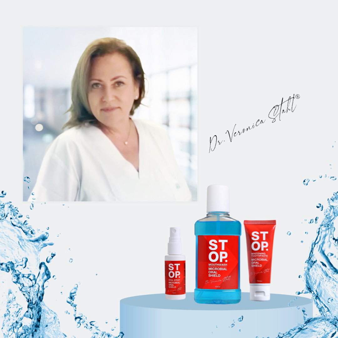 Portrait of Dr. Veronica Stahl in a white attire alongside a display of 'STOP.' oral care products, including mouthwash and toothpaste, with water splash effects.