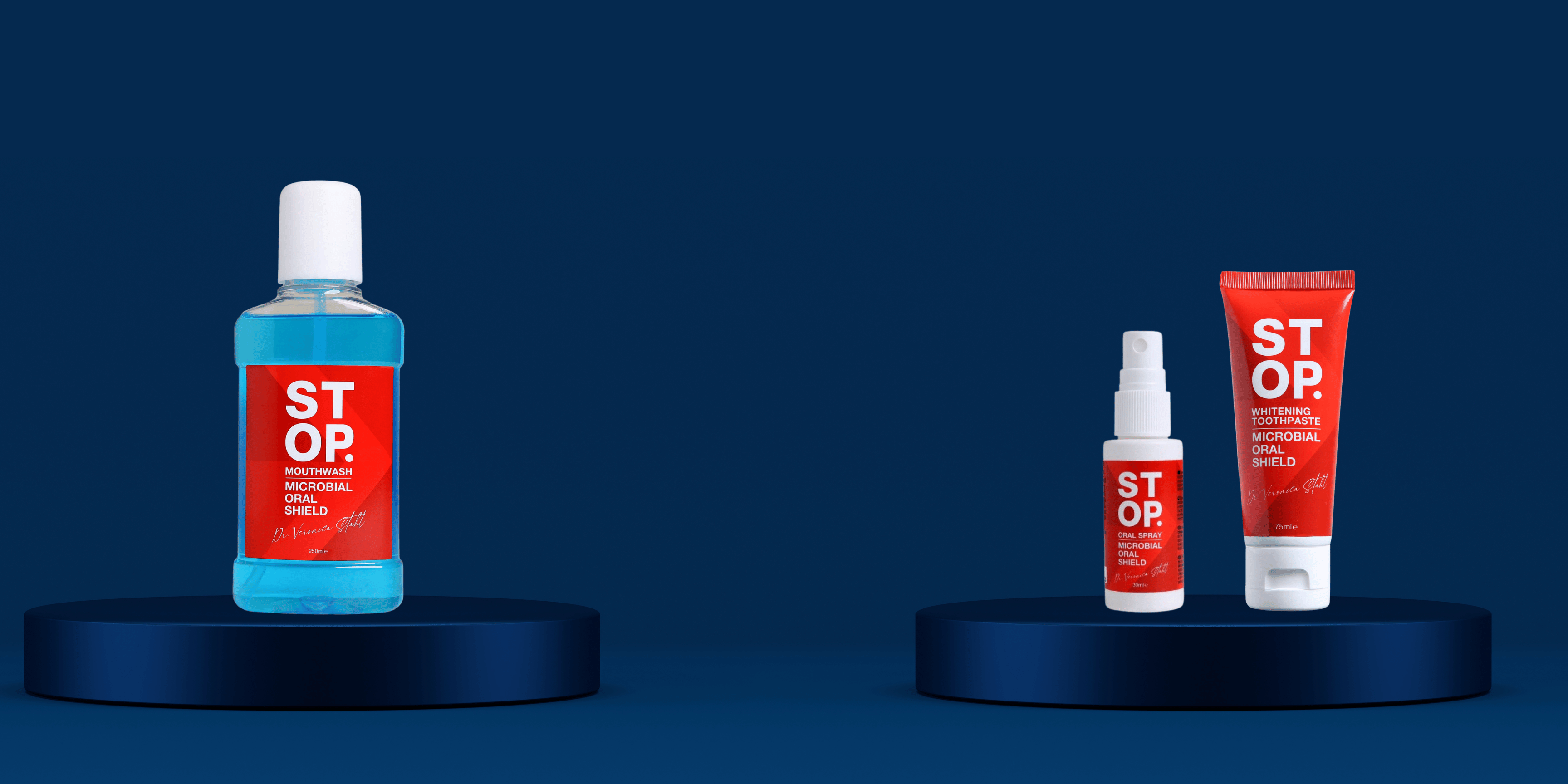 Oral care products labeled 'STOP' including mouthwash, oral spray, and toothpaste on blue platforms against a deep blue background.