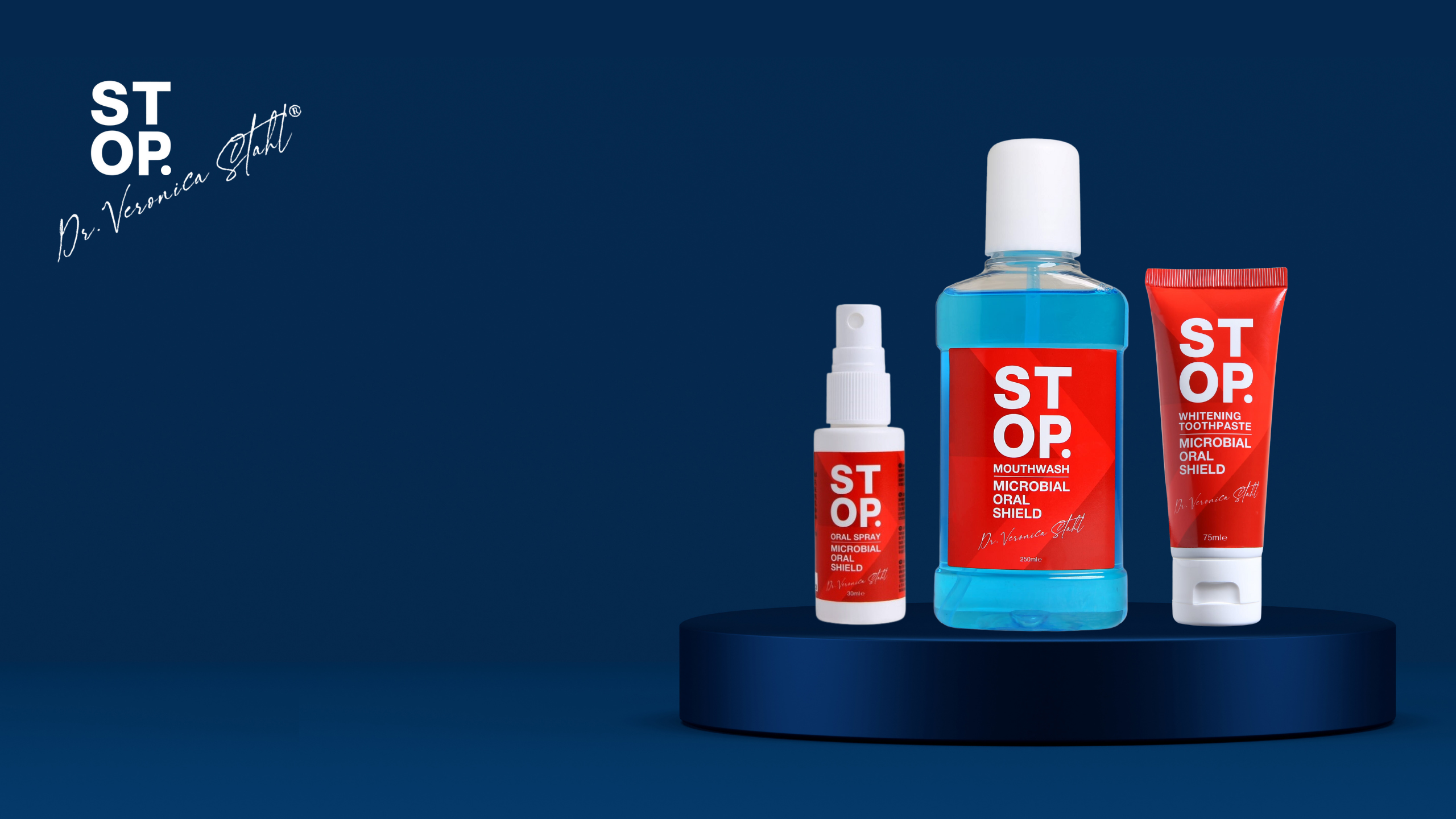 STOP' oral care product range with 'Dr. Veronica Stahl' signature on a gradient blue backdrop.