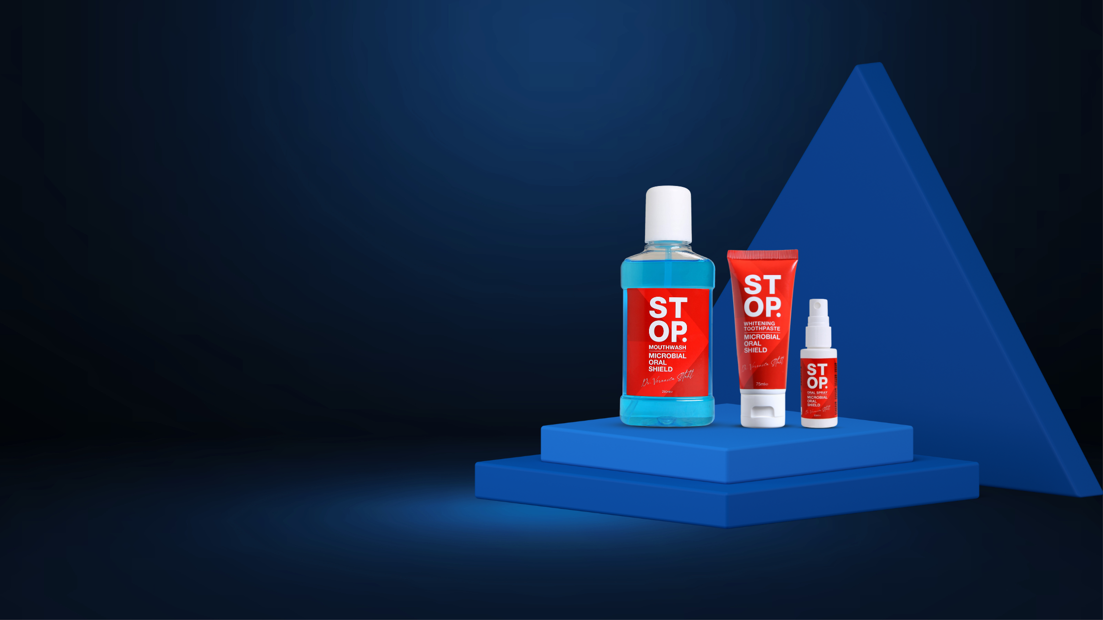 Dynamic presentation of STOP oral care range, featuring a blue 'Mouthwash with Microbial Oral Shield', a 'Whitening Toothpaste', and an 'Oral Spray'. These products are positioned on modern blue geometric platforms with a contrasting deep blue gradient background. 